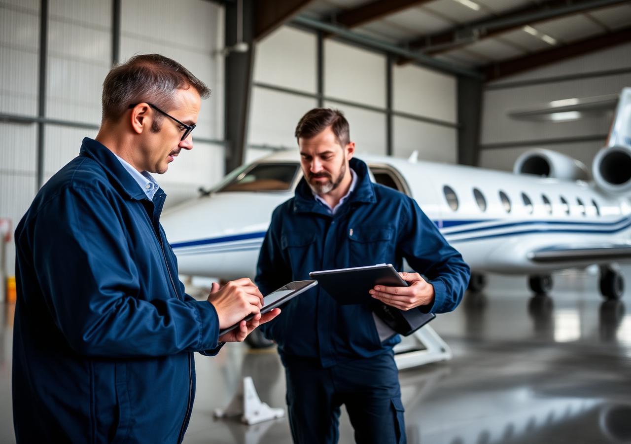 Aviation engineers reviewing aircraft technical documentation beside a business jet in a hangar