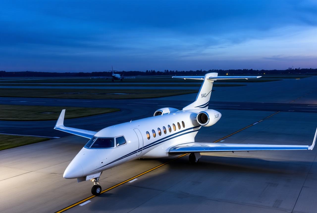 Cessna Citation CJ4 Gen2 light jet on an apron at dusk