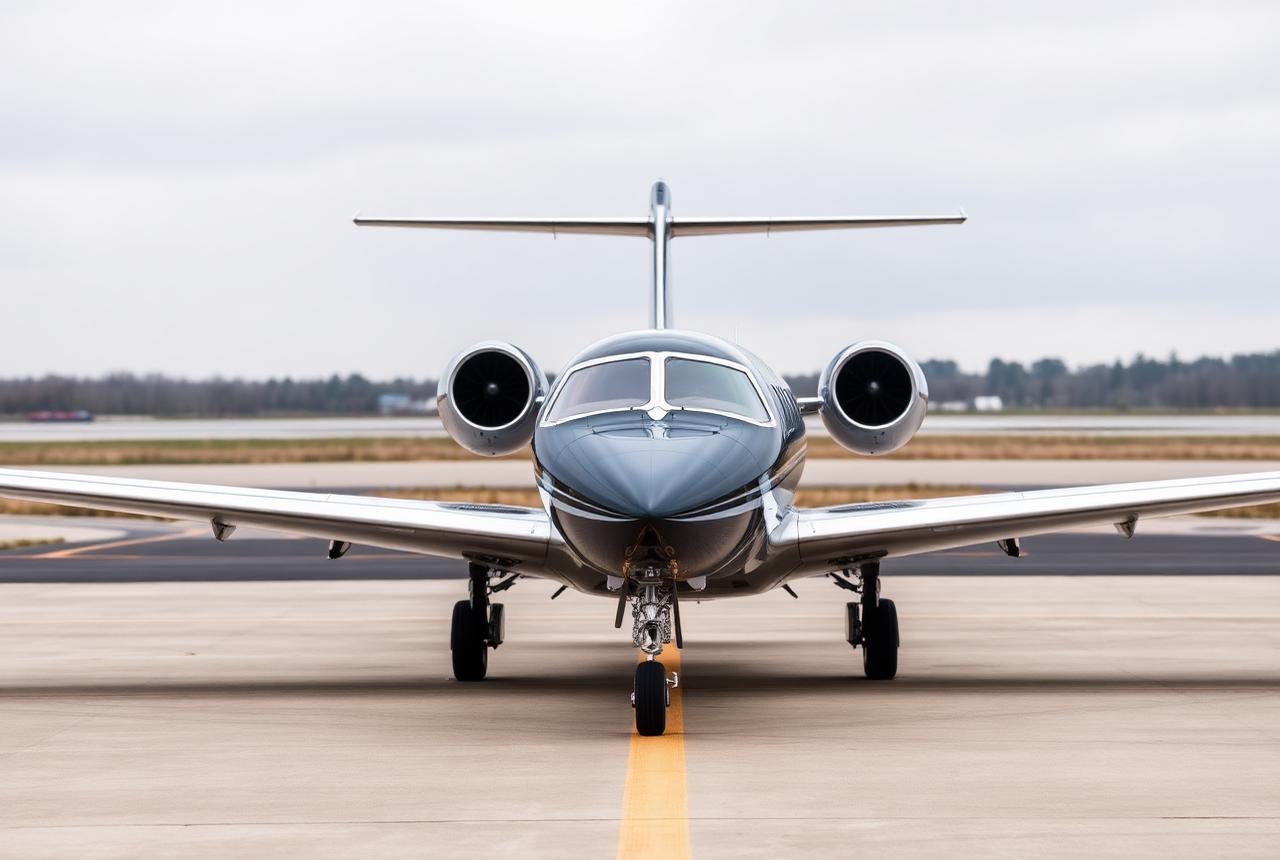 Embraer Phenom 300E light jet on an airport ramp